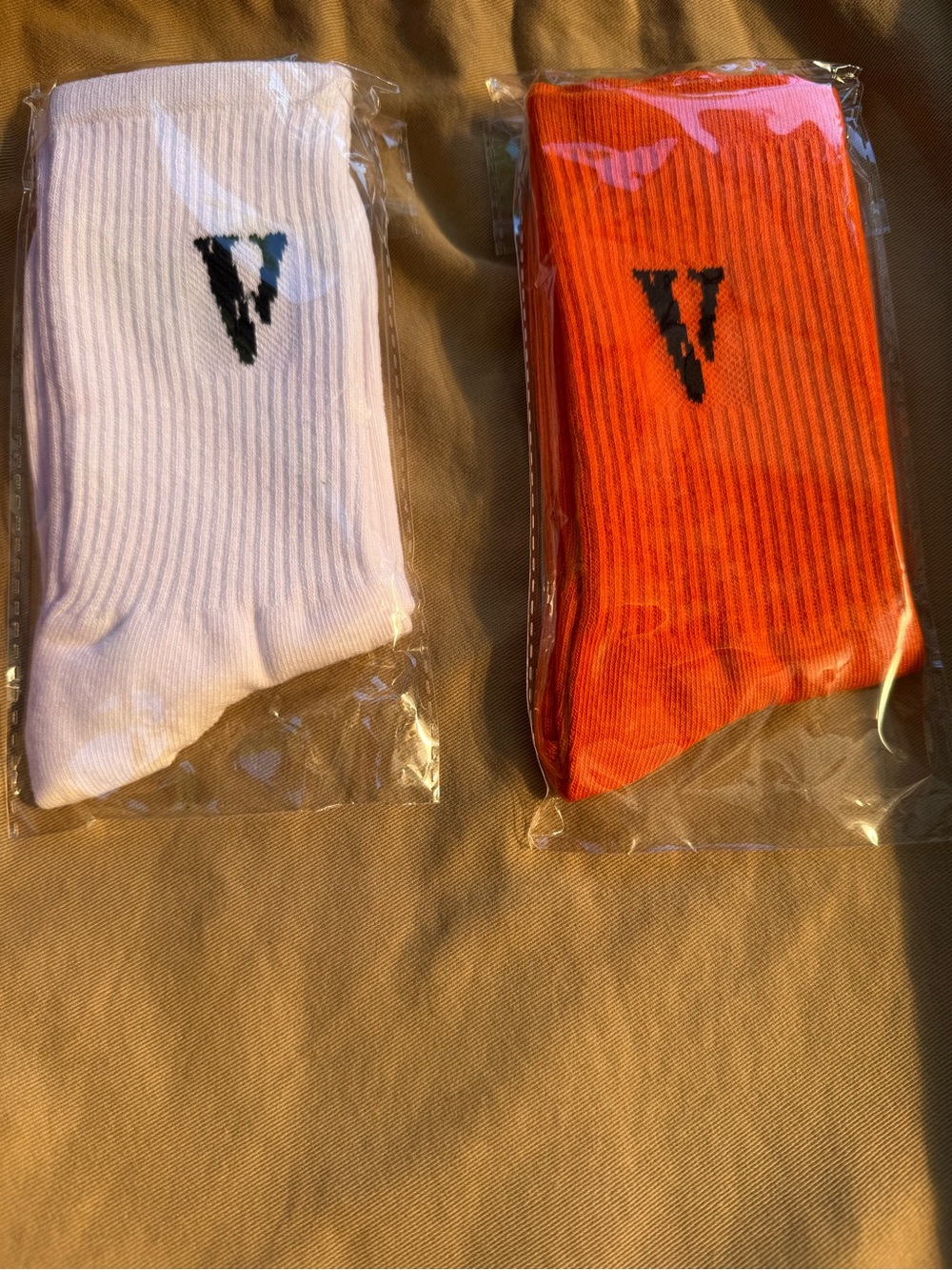 VLONE White & Orange Crew Socks with Black 'V' Logo